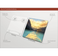 Glasbild mit Bergsee-Motiv, inklusive Abstandshalter und Aufhängung