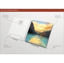 Produktbeschreibung Glasbild: Rückseite mit Aufhängung und Abstandshalter, Vorderseite mit Berglandschaft, glänzender Oberfläche und schwebender Optik