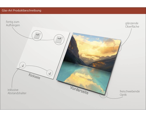 Tableau en verre avec motif de lac de montagne, fixation murale et entretoise incluses
