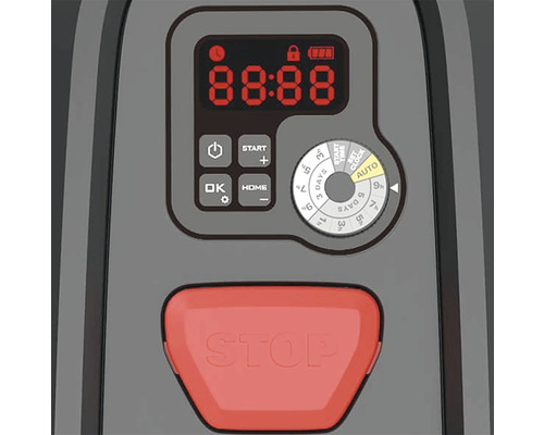 Panneau de commande d''un robot de tonte avec affichage numérique, bouton de démarrage, bouton d''arrêt et réglage de l''heure