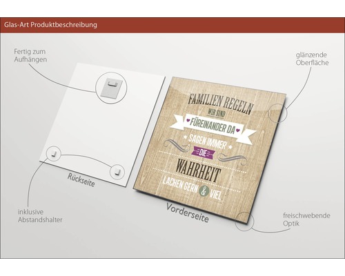 Image en verre avec le dicton règles familiales, avec entretoise, prêt à être accroché et avec une surface brillante