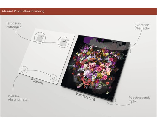 Image en verre avec motif floral, surface brillante, avec entretoise et dispositif de suspension