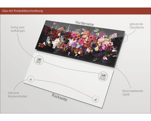 Tableau en verre avec motif floral, surface brillante, entretoises incluses pour un montage facile