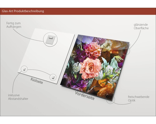 Tableau en verre avec motif floral, entretoises et suspension incluses
