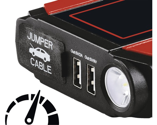 Starthilfe-Gerät mit Überbrückungskabelanschluss, USB-Anschlüssen und LED-Lampe
