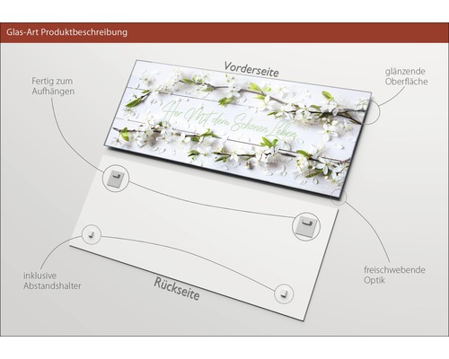 Image en verre avec des branches fleuries et lettrage, y compris des entretoises et un dispositif de suspension