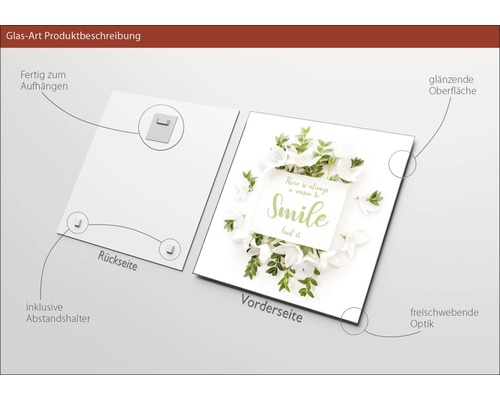 Tableau en verre avec dispositif de suspension, entretoises incluses, surface brillante et aspect flottant