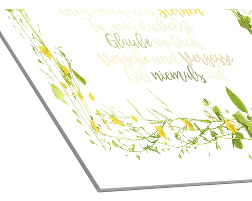 Dekorative Tafel mit Pflanzenmotiv und inspirierendem Spruch