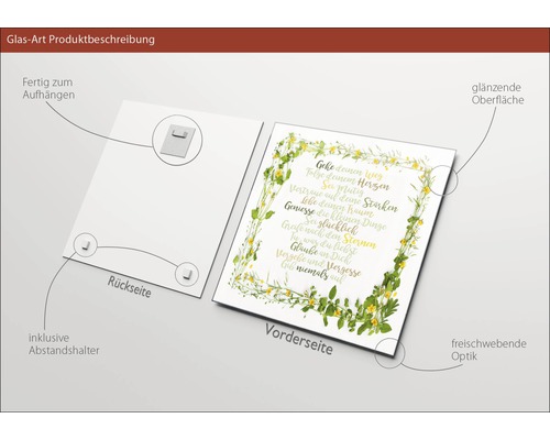 Glasbild mit Spruch und Blumenmuster, inklusive Abstandshalter und Aufhängung