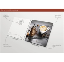 Glasbild mit Kaffeemotiv, inklusive Wandhalterung