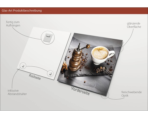 Glasbild mit Kaffeemotiv, inklusive Wandhalterung