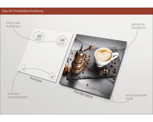 Glasbild mit Kaffeemotiv, inklusive Abstandshalter und Aufhängung