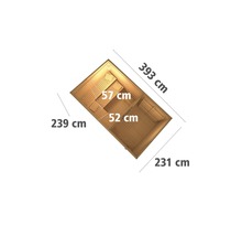 Draufsicht einer Sauna mit den Maßen 393 mal 239 mal 231 Zentimeter