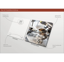 Glasbild Produktbeschreibung mit Aufhängevorrichtung, Abstandshalter, glänzender Oberfläche und freischwebender Optik