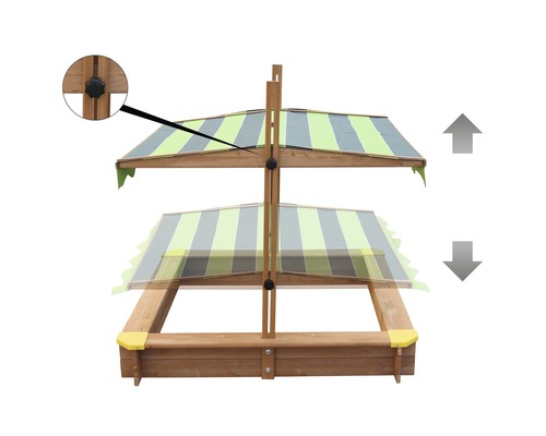 Bac à sable avec protection solaire réglable en hauteur