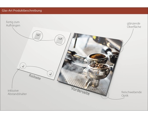 Glasbild mit Kaffeemotiv, inklusive Aufhängung und Abstandshalter