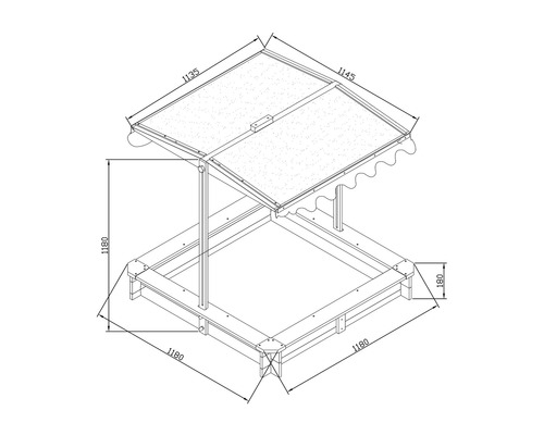 Dessin technique d''un bac à sable avec couvercle et indications de dimension.