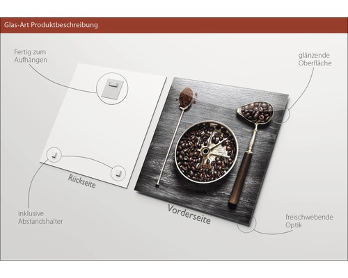 Glasbild mit Kaffeemotiv, inklusive Aufhängung und Abstandshalter