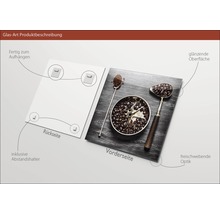 Glasbild mit Kaffeebohnenmotiv, inklusive Abstandshalter zur Wandmontage