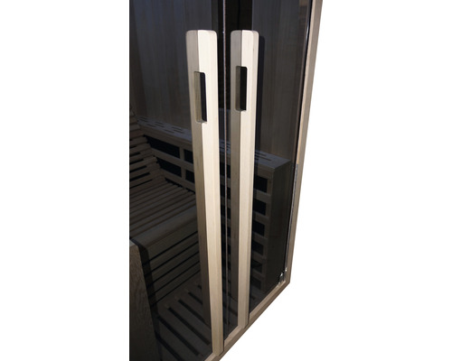 Porte de sauna avec poignées en bois et vitrage