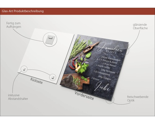 Glasbild mit einem Familienrezept und einer glänzenden Oberfläche, inklusive Abstandshalter und Aufhängevorrichtung.