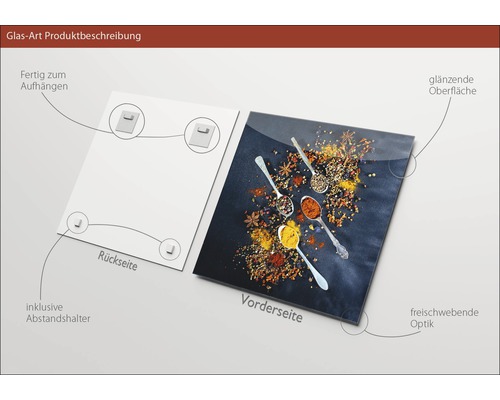 Glasbild mit Gewürzmotiv, inklusive Abstandshalter und glänzender Oberfläche