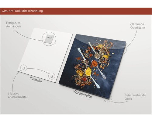 Description du produit en verre acrylique : Face avant avec des épices dans des cuillères, face arrière avec suspension et entretoise