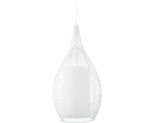 Weisse Hängelampe mit Drahtschirm und Stoffdiffusor