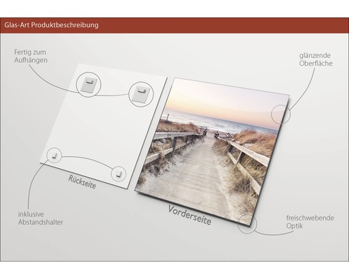 Produktbeschreibung Glasbild: Rückseite mit Aufhängern und Abstandshaltern, Vorderseite mit glänzender Oberfläche und schwebender Optik.