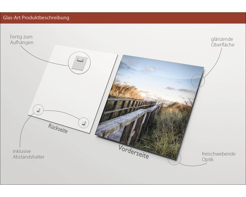 Glasbild mit glänzender Oberfläche, inklusive Abstandshalter und Aufhängevorrichtung