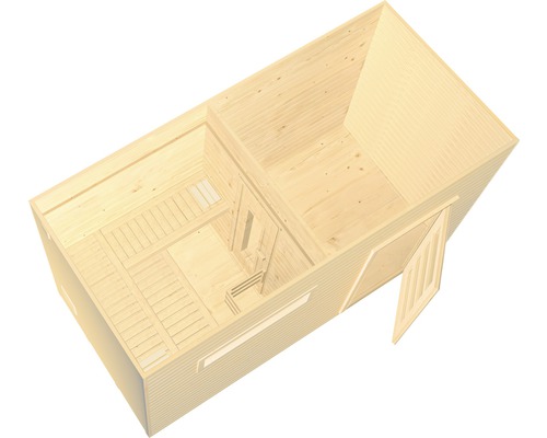 Innenansicht einer Gartensauna aus Holz mit Bänken und Tür