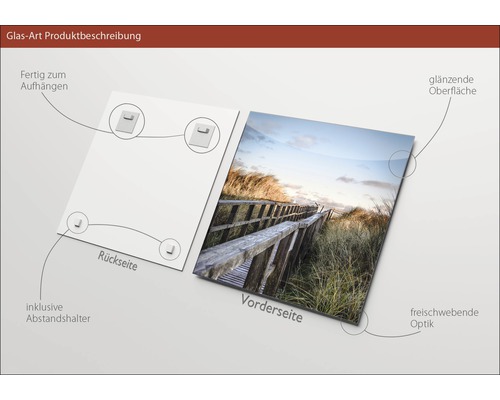 Description du produit image en verre : dos avec fixations et entretoises, devant avec surface brillante et aspect flottant