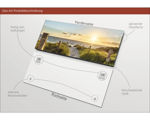 Image en verre avec motif de plage, avec entretoises et surface brillante, prête à être fixée au mur