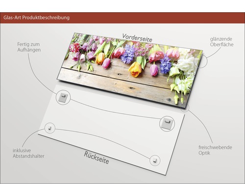 Image en verre avec motif floral, entretoises incluses, surface brillante et suspension