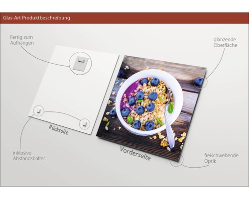 Tableau en verre avec dispositif de suspension et entretoise, motif bol de muesli
