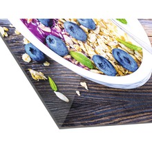 Acrylglasbild mit Müslischale, Blaubeeren und Holztisch-Motiv