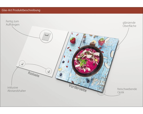 Glasbild mit Motiv eines Frucht Bowls, inklusive Abstandshalter zur Aufhängung