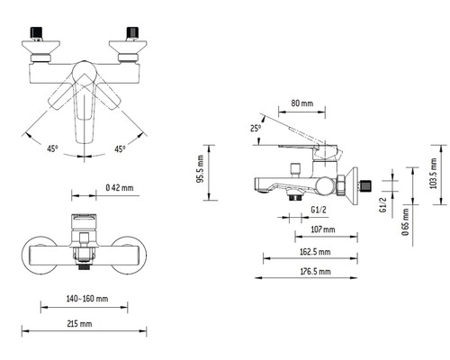 Dessin technique d''un robinet de salle de bains avec indications de dimensions