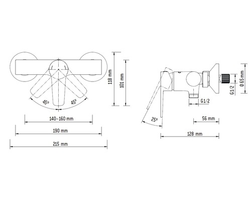 Technische Zeichnung einer Armatur mit Maßangaben