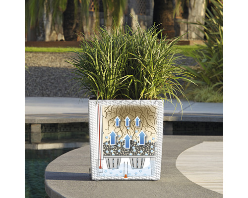 Quadratischer Pflanzkübel mit Bewässerungssystem und Illustration der Funktionsweise