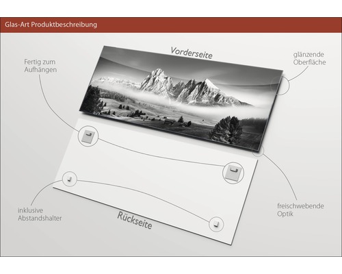 Tableau en verre avec motif de montagne, avec entretoises et dispositif de suspension.