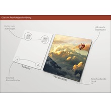 Glasbild mit Motiv von Ballon über Berglandschaft, inklusive Abstandshalter und Aufhängung