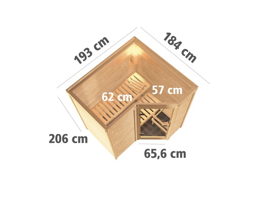 Vue de dessus d''un sauna d''angle avec indications de taille