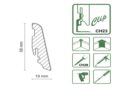 Représentation d''une plinthe de dimensions 58 mm de hauteur et 19 mm de largeur, comprenant des instructions de montage.