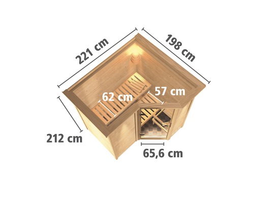 Draufsicht einer Ecksauna mit den Massen 221 cm, 198 cm, 212 cm und 65,6 cm