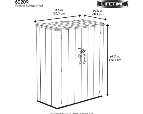 Abbildung eines Geräteschranks mit Maßangaben und Lifetime Logo.