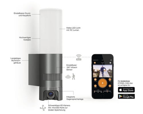 STEINEL Aussenleuchte mit HD-Kamera, Infrarotsensor und Gegensprechanlage neben einem Smartphone mit geöffneter App