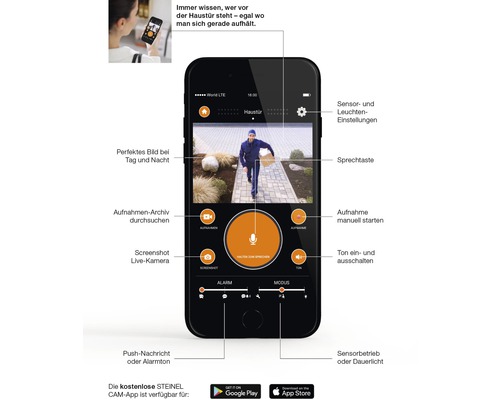 Smartphone mit Benutzeroberfläche der Steinel Cam App zur Steuerung einer Überwachungskamera