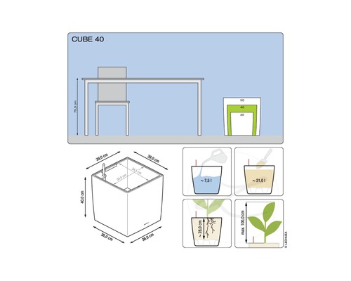 Image du produit du pot Cube 40 avec indications de dimensions