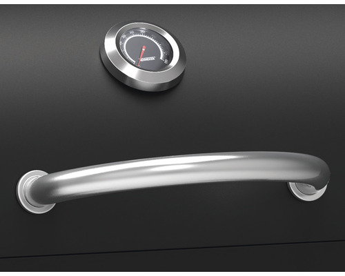 Vue détaillée d''un barbecue au charbon de bois avec poignée et affichage de la température